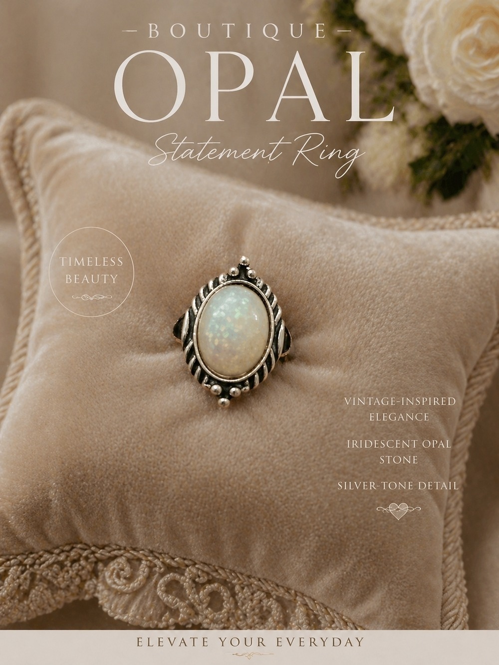Boutique Opal Ring Iridescent White Opal Silver Tone